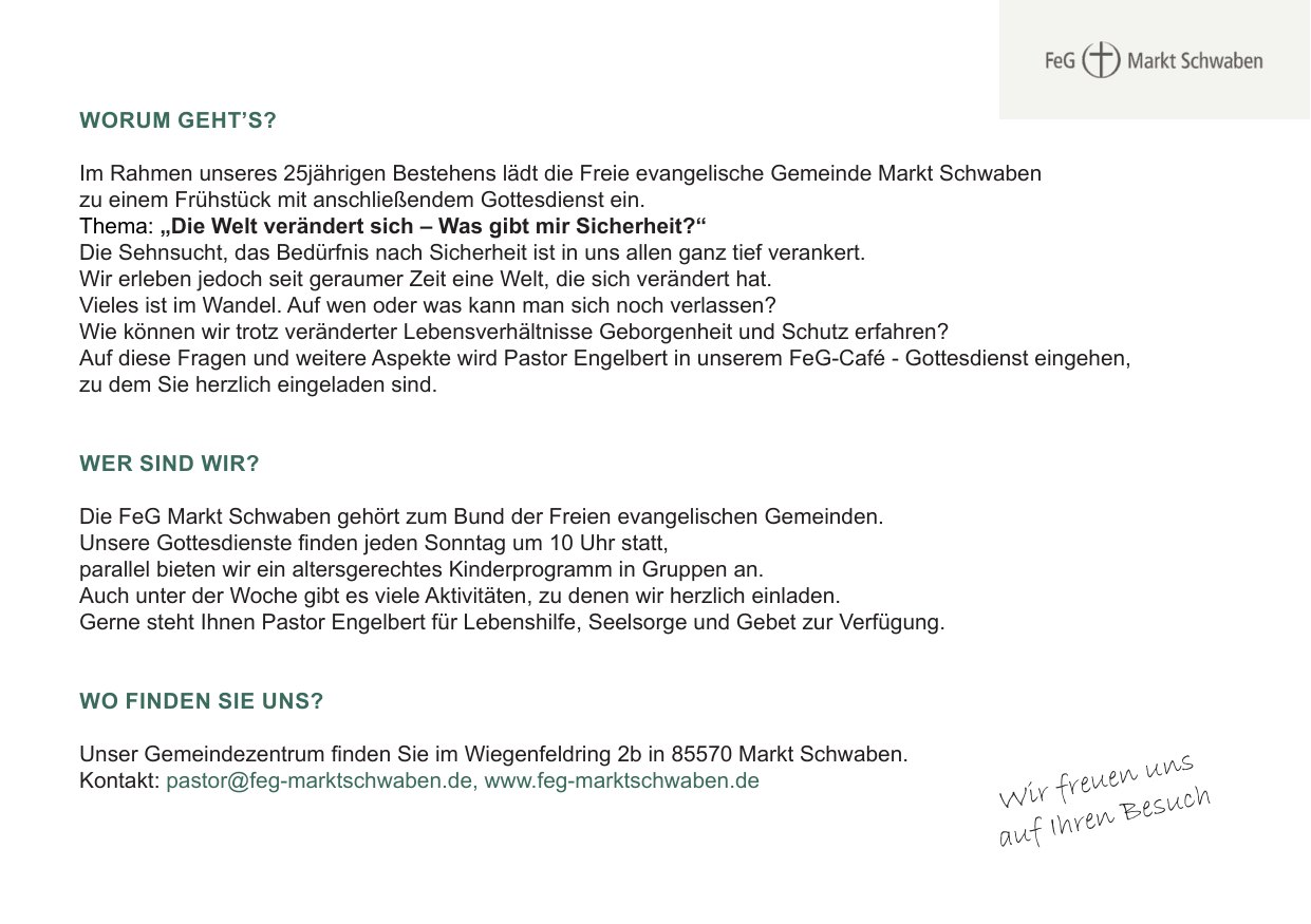 Flyer Innenseite: Worum geht es?, Wer sind wir? und Wo finden Sie uns? – Informationen zum 25-jährigen Bestehen der FeG Markt Schwaben