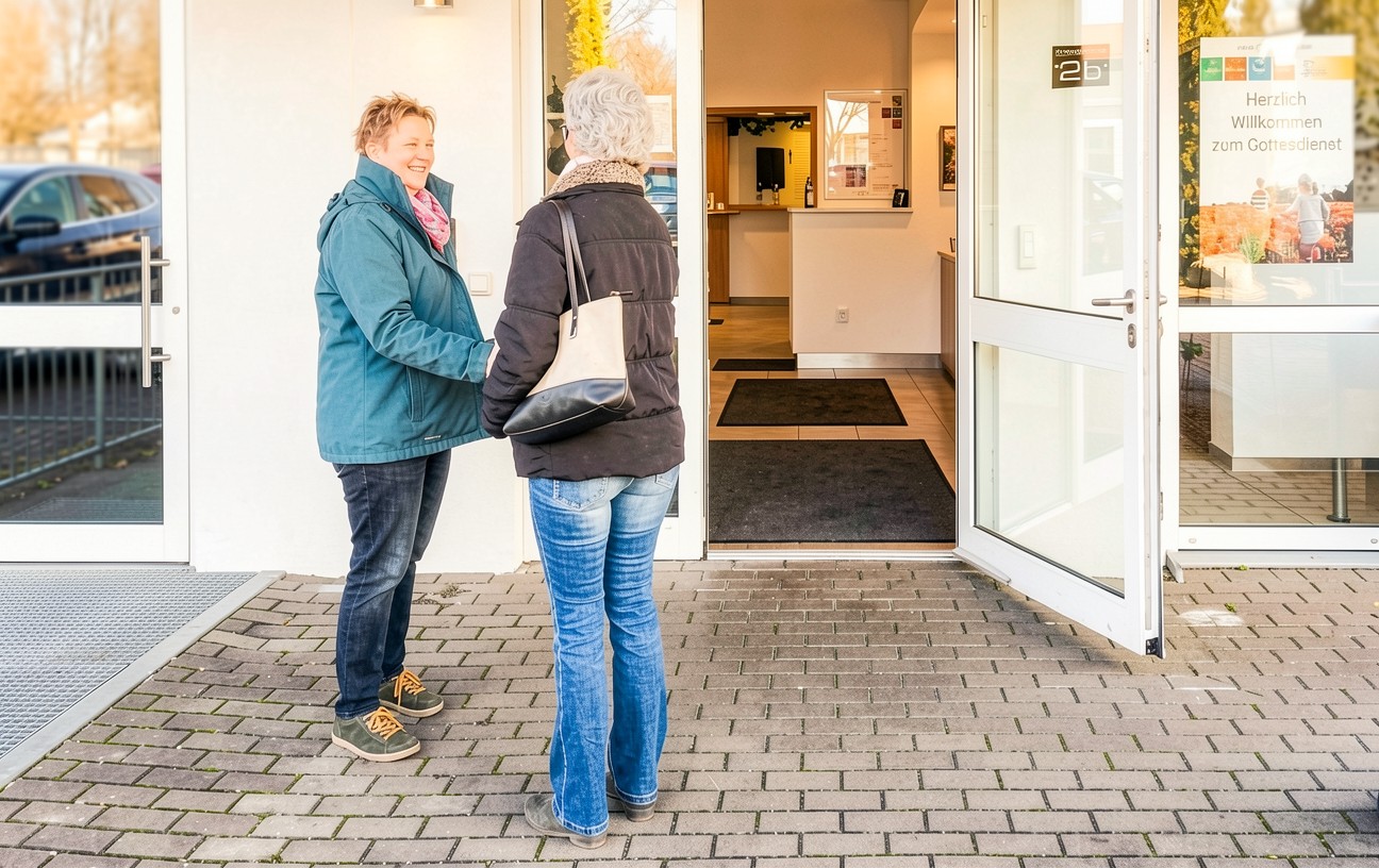 Begrüßung und Gespräch vor der Tür