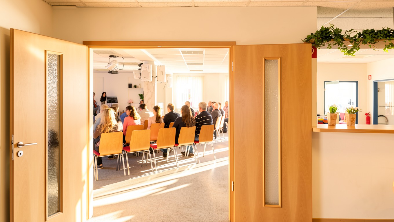 Foyer mit Blick auf den Gottesdienst